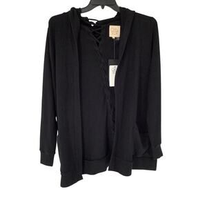 Chaser Women's Small Black Lace Up Back Open Front Hooded Cardigan Cozy K9-2